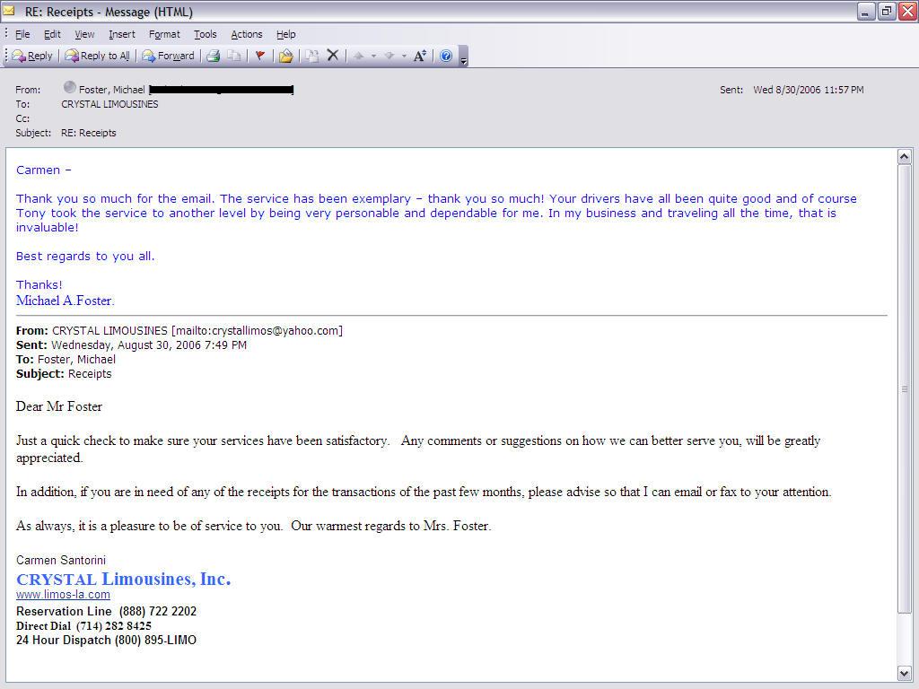 Thank you letter sent by customer for limousine service in Orange County with Crystal Limousines & Tours
